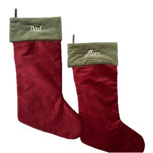 New! Pottery Barn Mom Dad Red & Green Velvet Christmas Stockings 28” Large